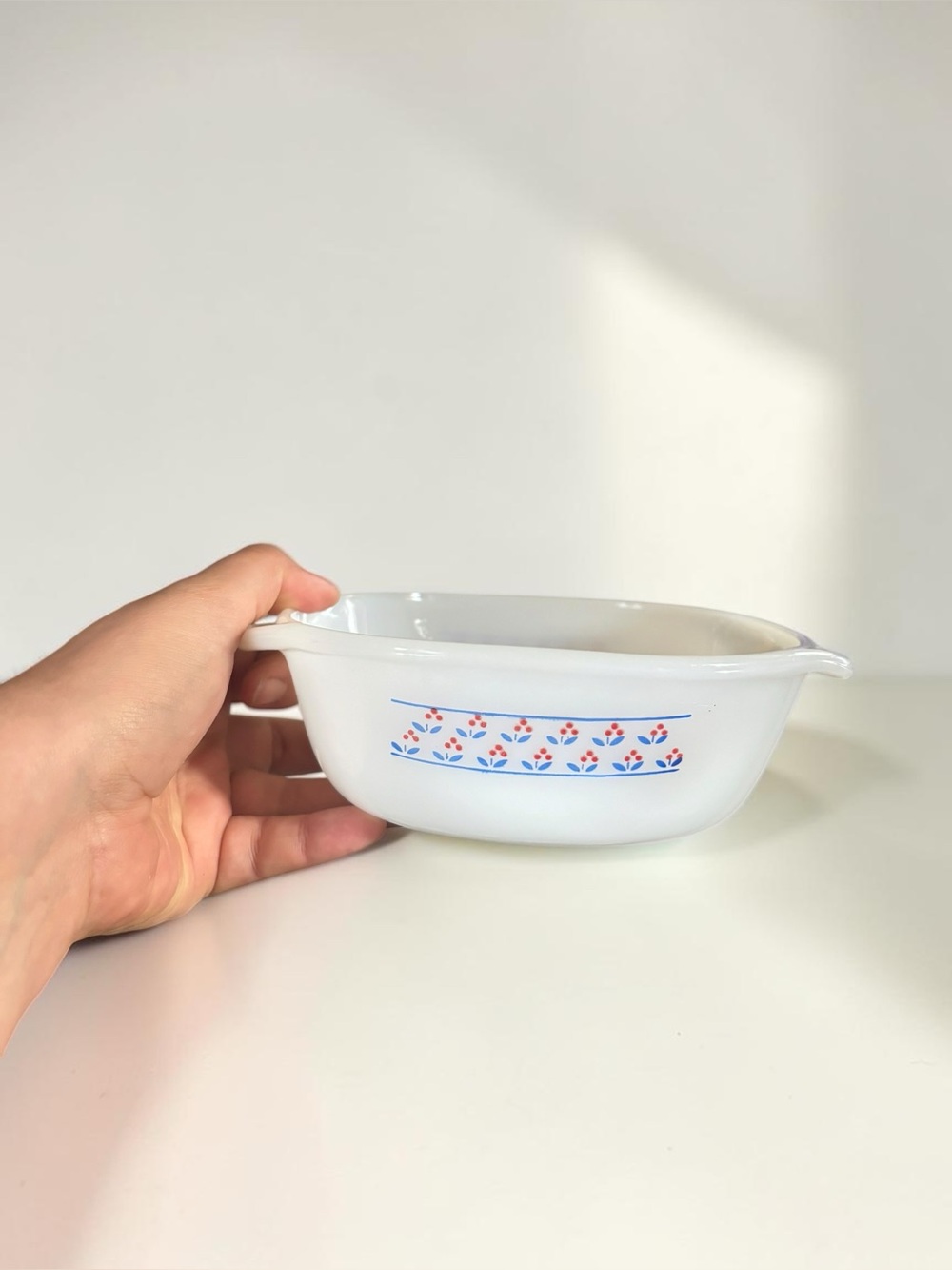 Vintage Dynaware Pyr-O-Rey Milk Glass Mini Casserole Red Blue Floral
